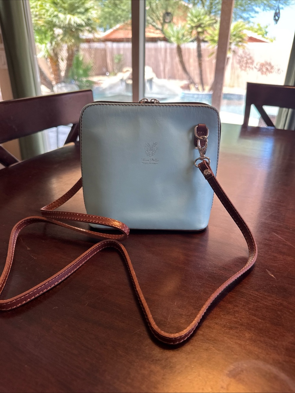 Vera Pelle Italian Leather Small Shoulder Handbag Leather Turquoise Square Purse